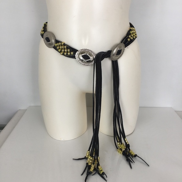 Vintage Accessories - Vintage Boho Western Leather Concho Belt Black Silver Beaded Cowgirl